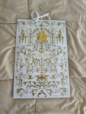 Dior Gold & White Decorative Gift Bag 15” x 9.5” x 5” with Star
